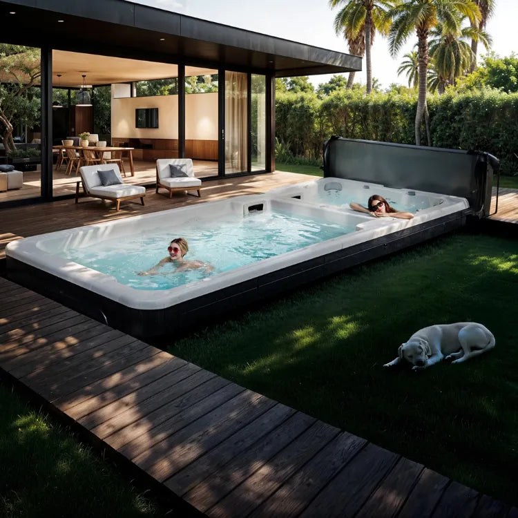 women enjoy outdoor swim spa