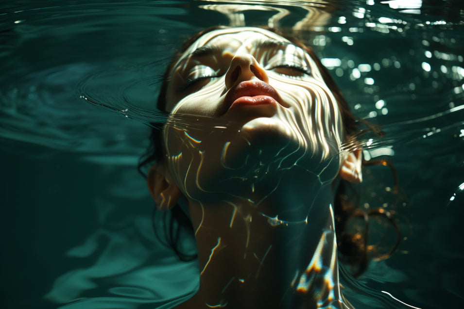 woman raising her head above the water, feelings of enjoyment and relaxation
