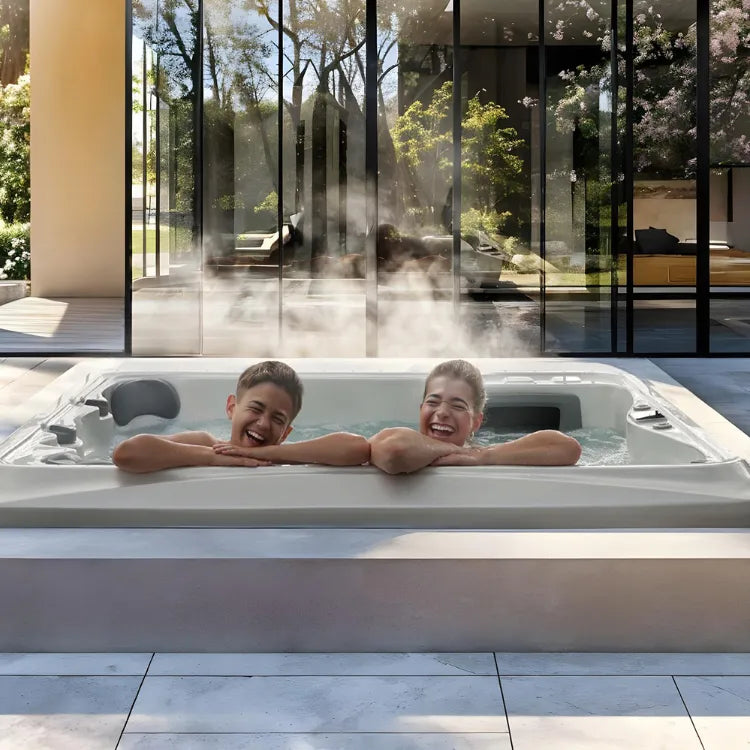 Mother and son relaxing happily in the spa