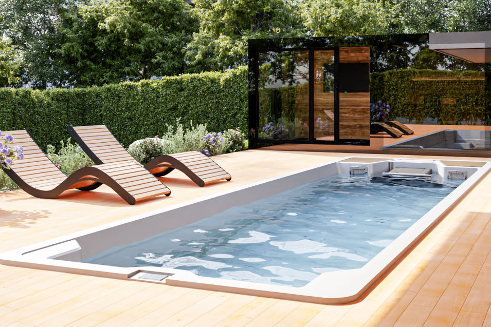 Backyard swim spa with lounge chairs and a sauna