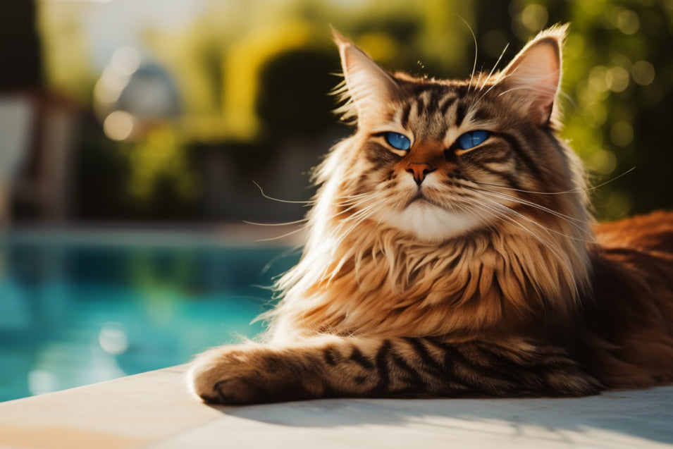 Proud maine coon cat sitting by the pool.
