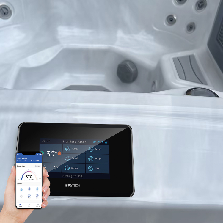 Take the mobile phone and interact with the hot tub's spatech Infinity controller