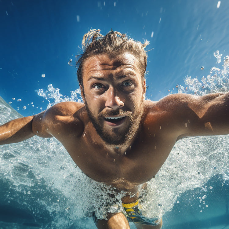 Man enjoying swimming inside a swim spa.