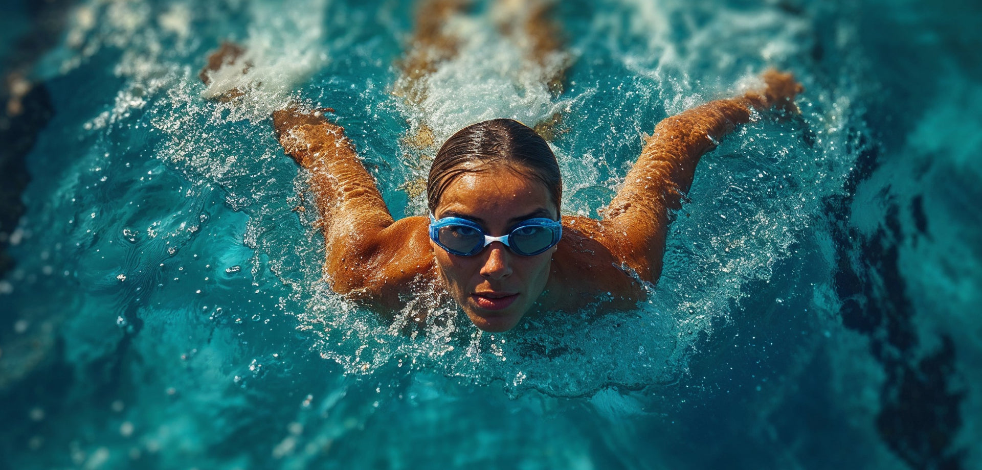 Woman swimming against the counter jets