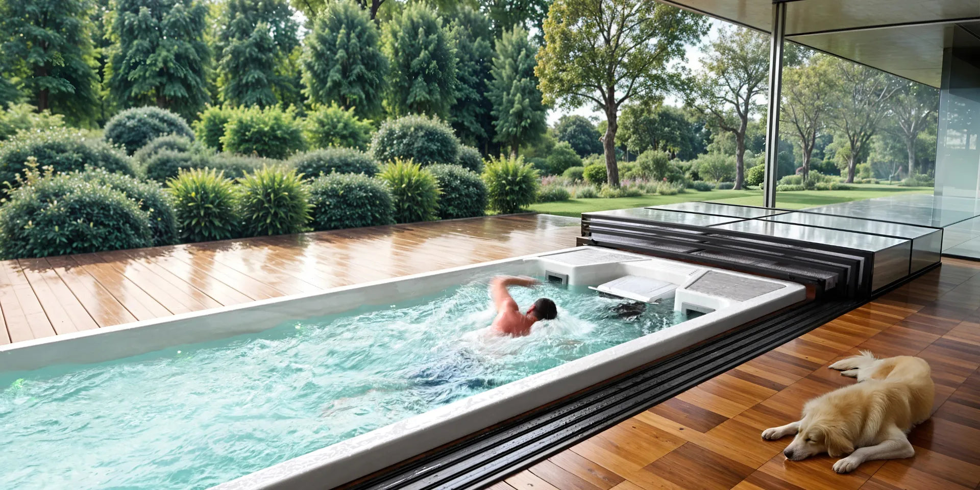 swimming in the exercise pool with swim machine