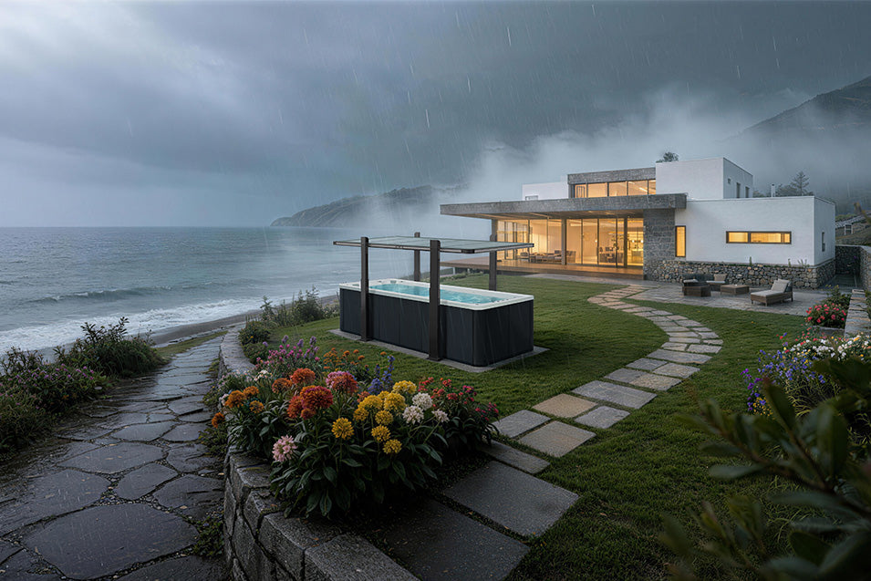 Modern house by the sea with a swim spa and garden during a stormy night.