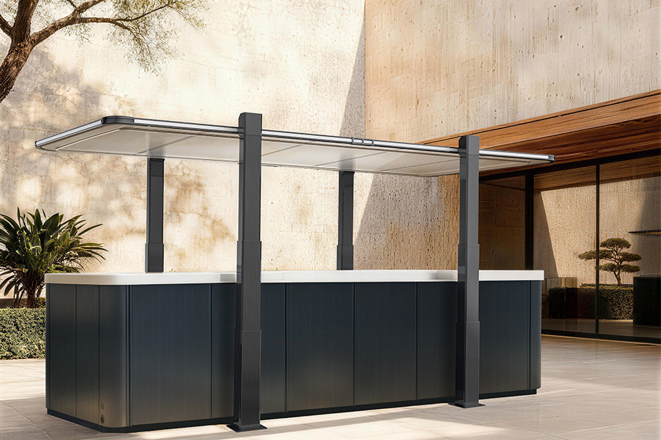 Modern outdoor swim spa with cover in the backyard