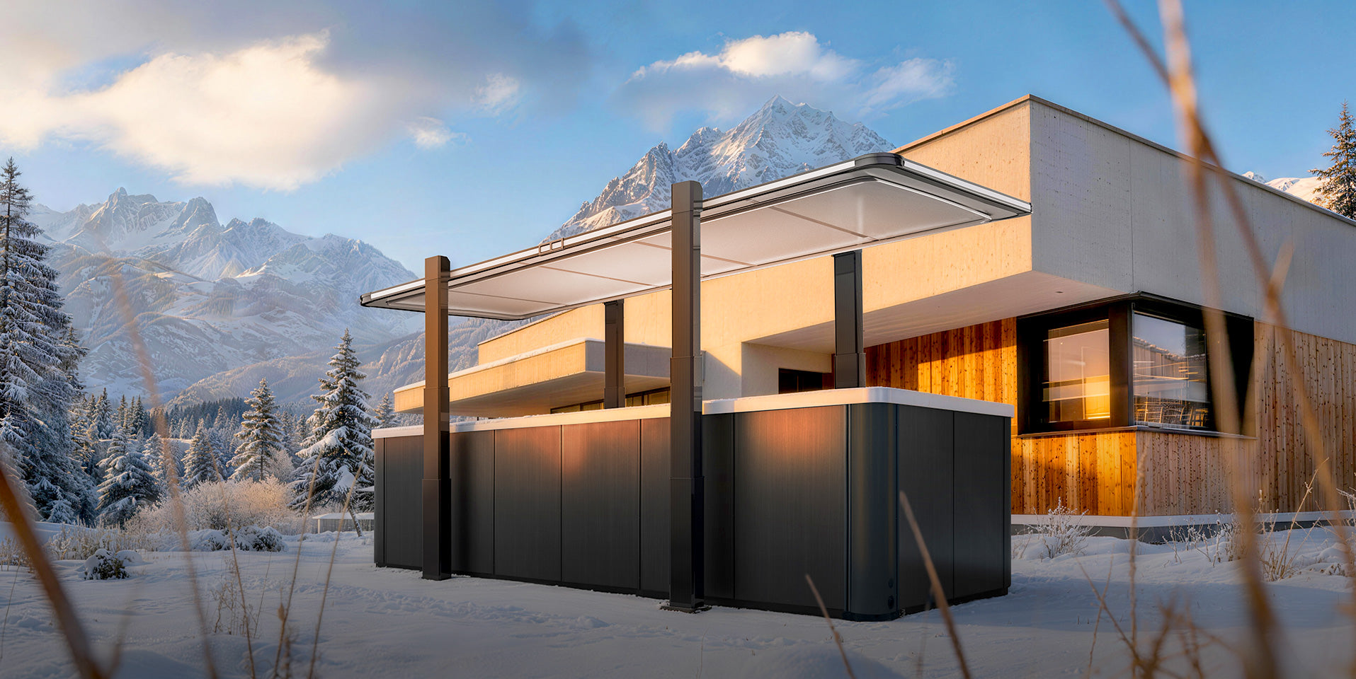 Modern house with a swim spa pool in a snowy mountain landscape