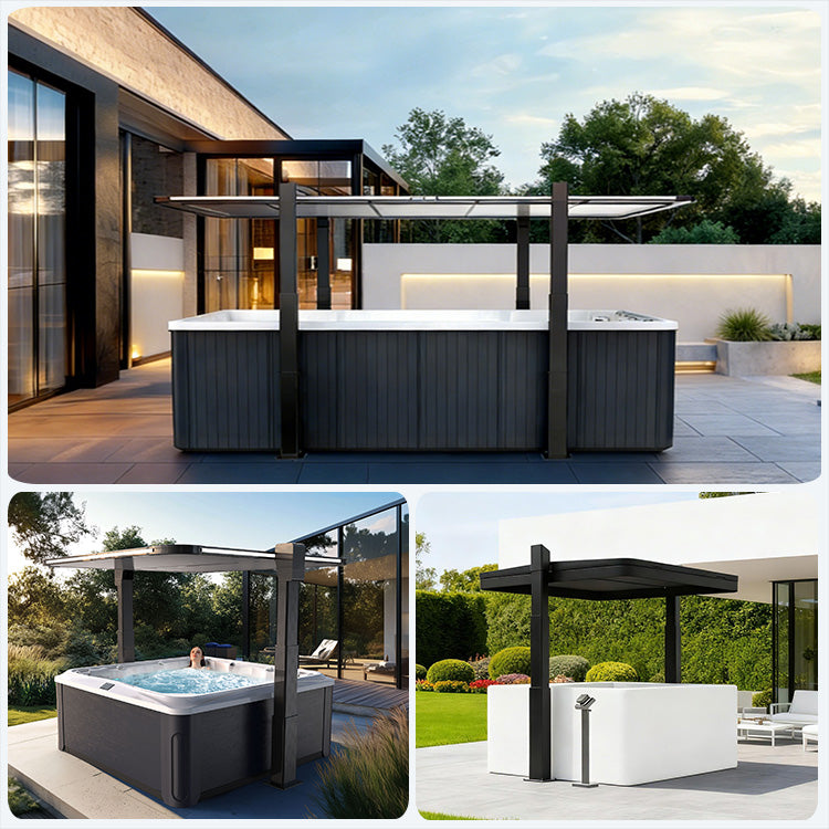 Hot tubs and swim spa with cover in outdoor setting
