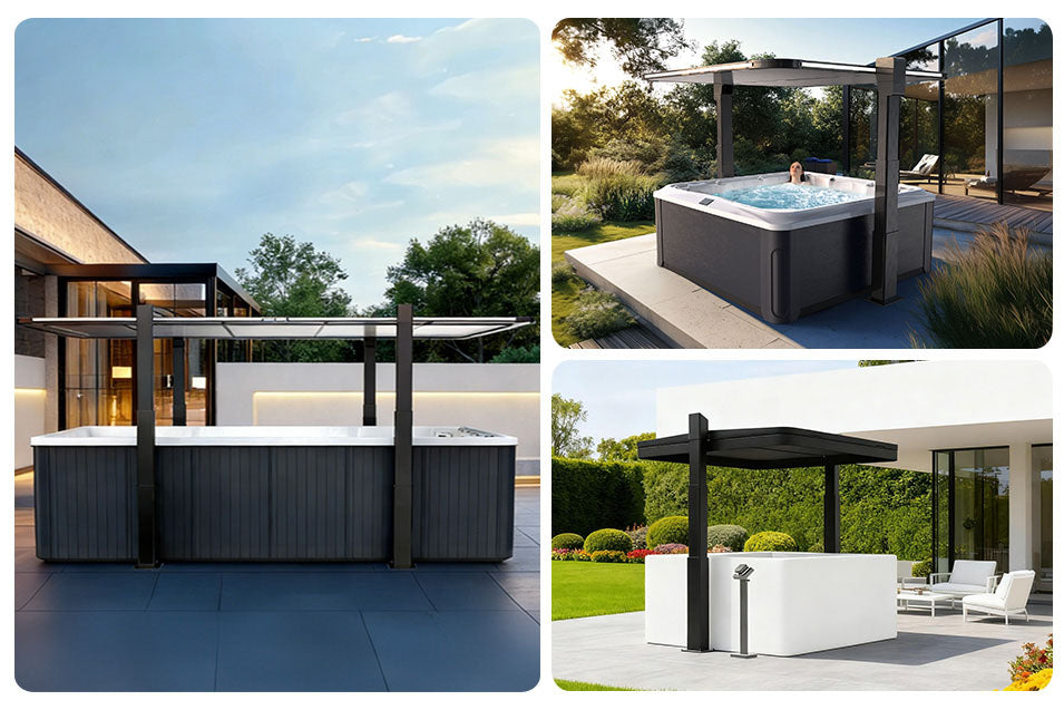 Collage of hot tubs and swim spa in various outdoor settings