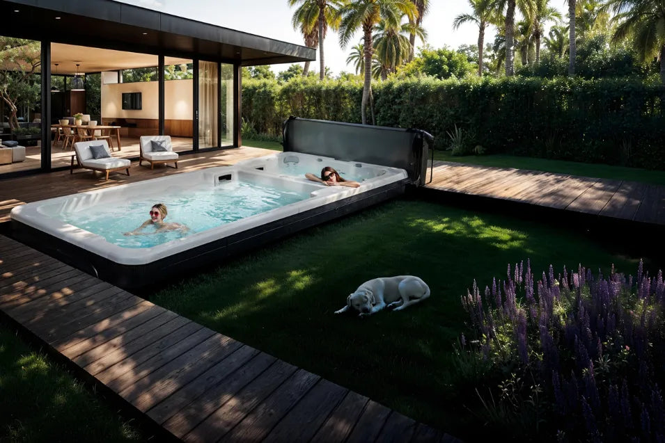 women enjoy outdoor swim spa