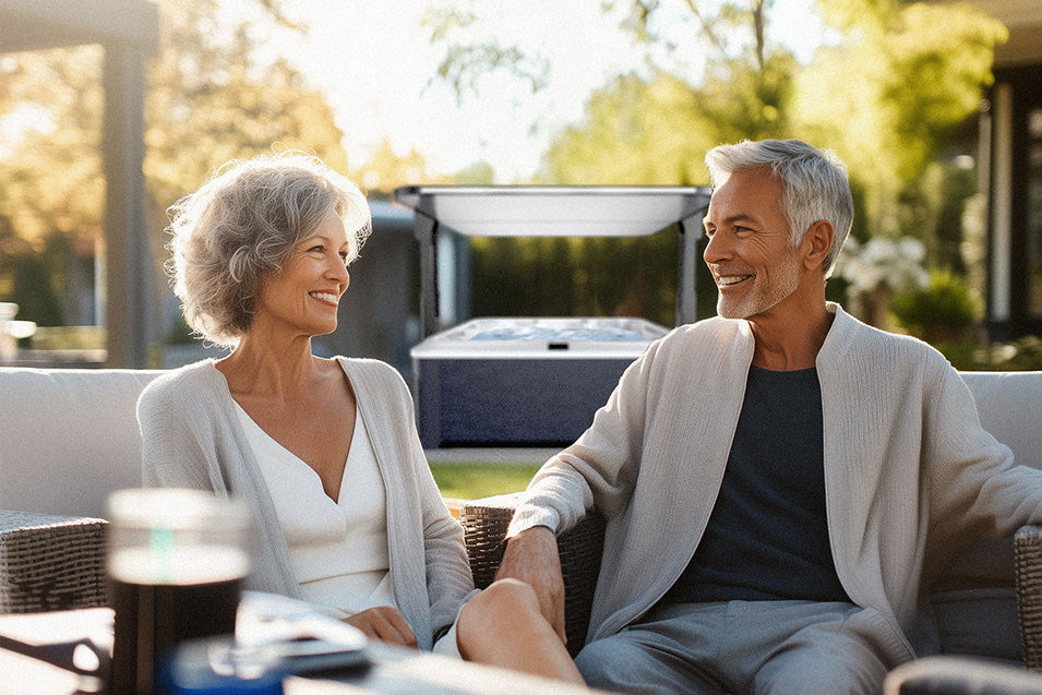 Senior couple sitting on a patio with a hot tub in the background