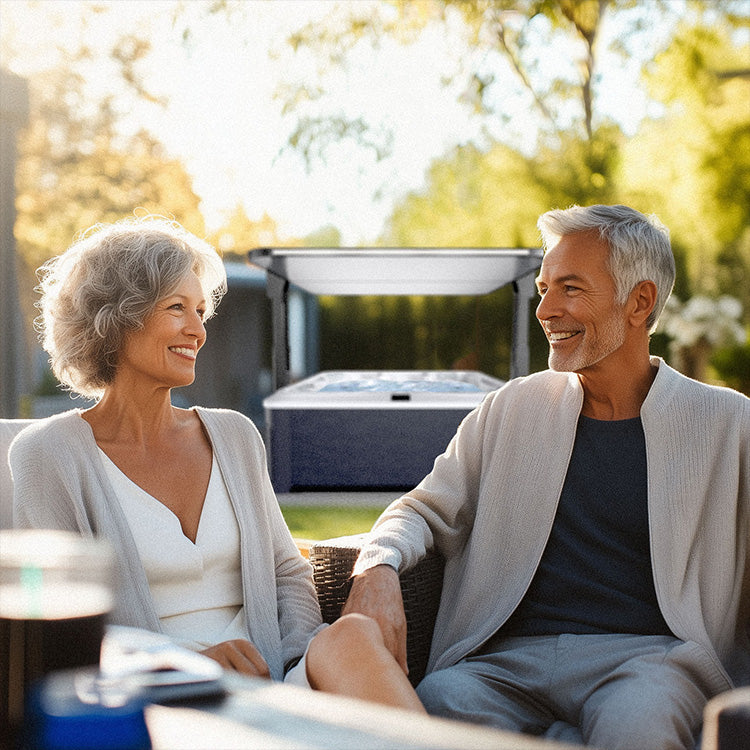 Senior couple sitting outdoors by a hot tub, smiling and enjoying each other's company.