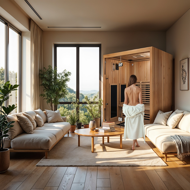 Person standing in a modern living room with a sauna