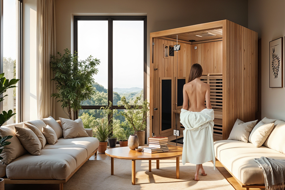 Person standing in a wooden sauna with a view of greenery outside