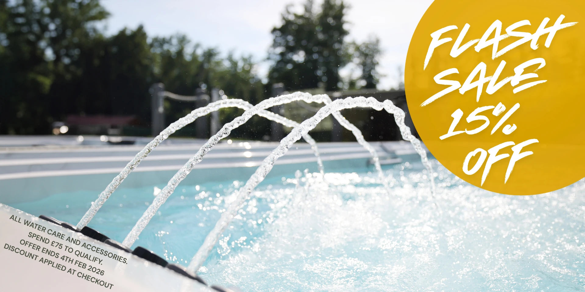 Pool with water feature and 'Flash Sale 15% Off' text overlay