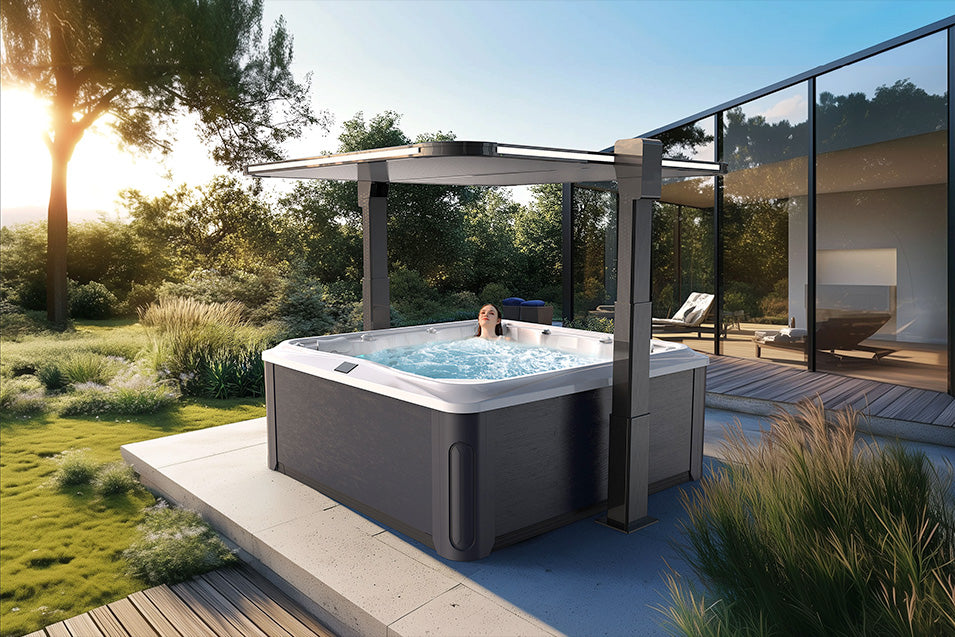 Hot tub in a garden setting with a modern house in the background