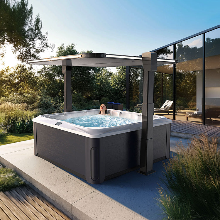 Hot tub with cover in a garden setting