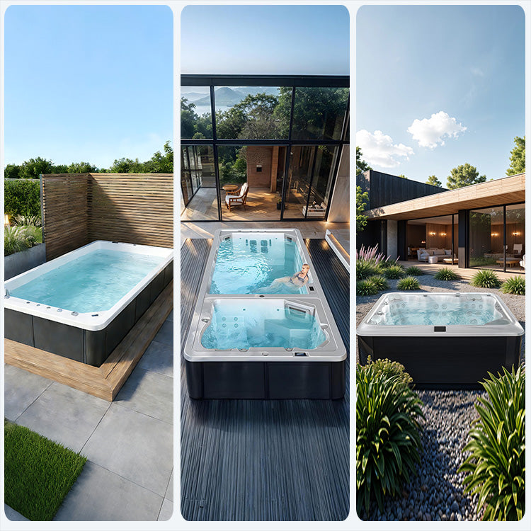 Collage of three hot tubs and swim spa in outdoor settings