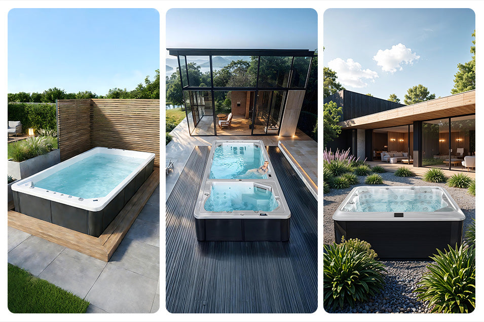 Three different outdoor hot tubs and swim  spa