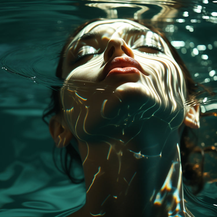 woman raising her head above the water, feelings of enjoyment and relaxation