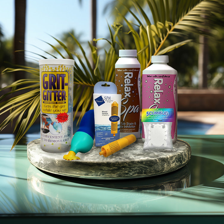 Grit-gitter, Relax Spa Hot tub Stain and Scale inhibitor, Relax Spa Clarifier, Silver Ion, Scum Bug
