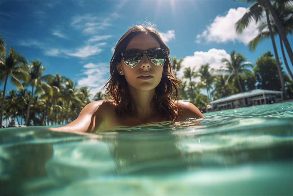 Split underwater shot of a woman, palm trees on the background