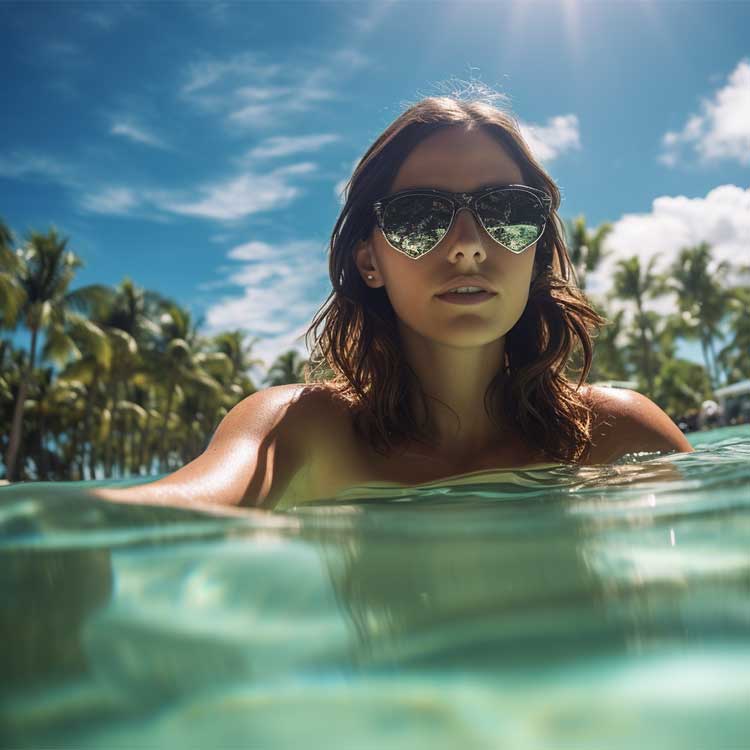 Split underwater shot of a woman, palm trees on the background