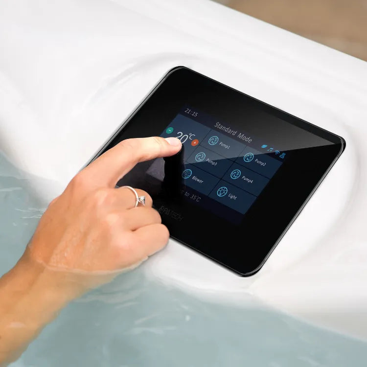 Woman hand interacting with the  spatech Infinity controller of the hot tub