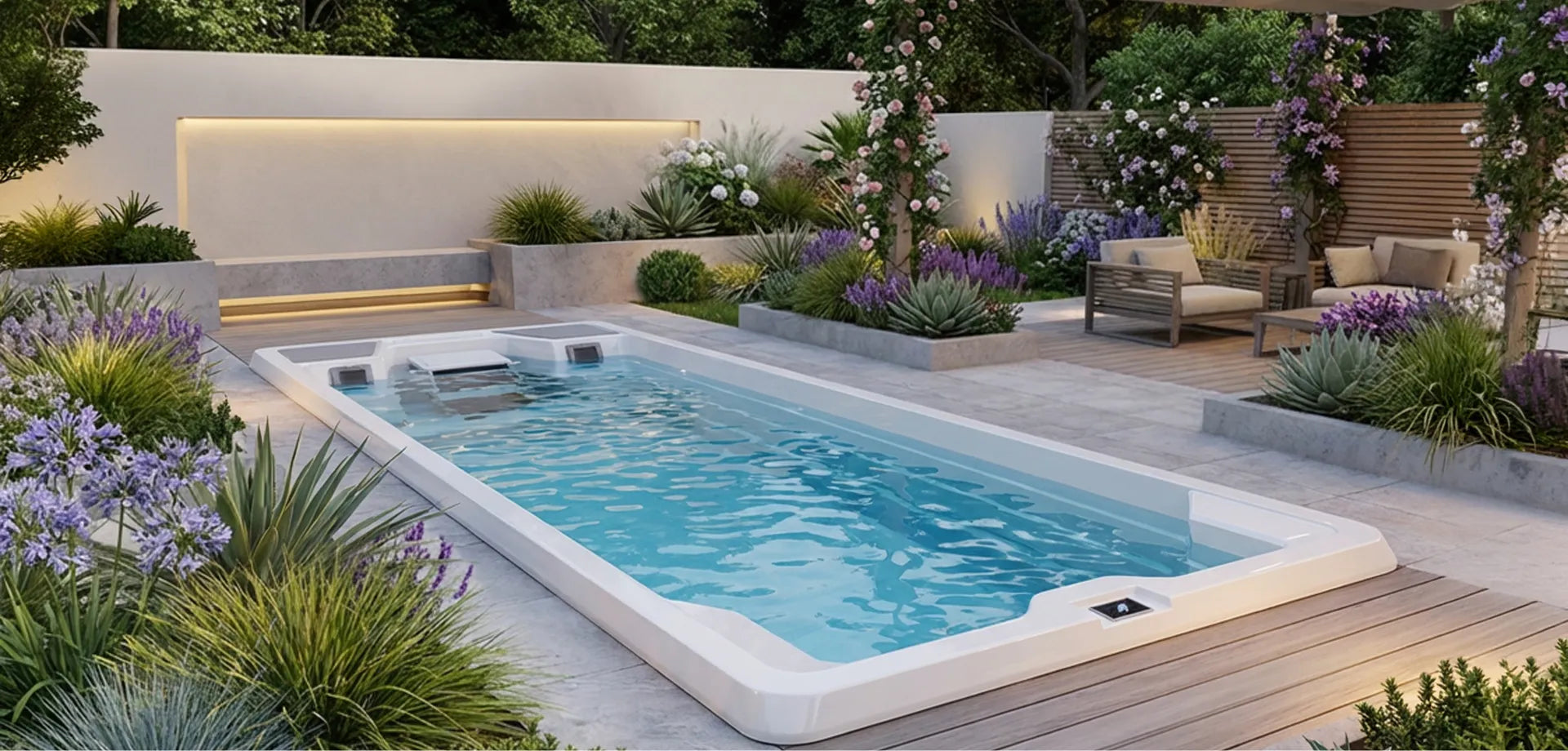 Modern swim machine pool with garden and seating area