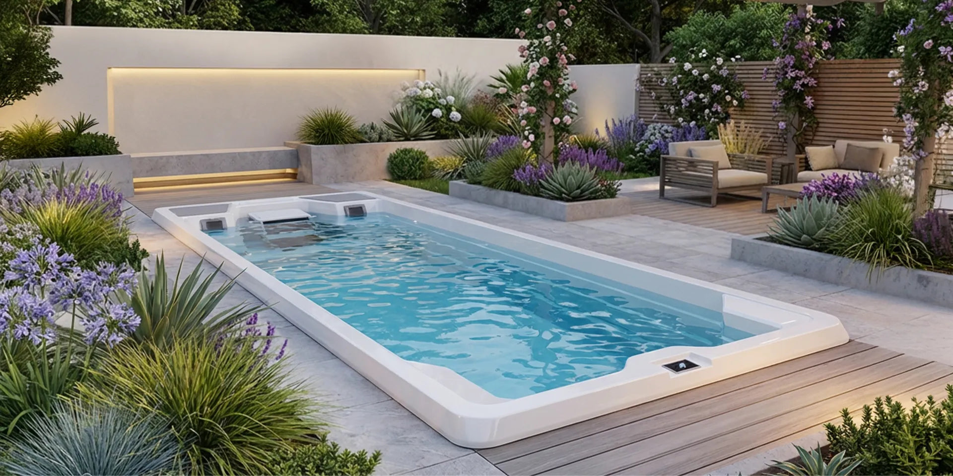 Modern inground easy pool with garden and seating area