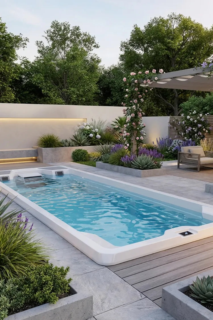 Modern outdoor pool with garden and seating area