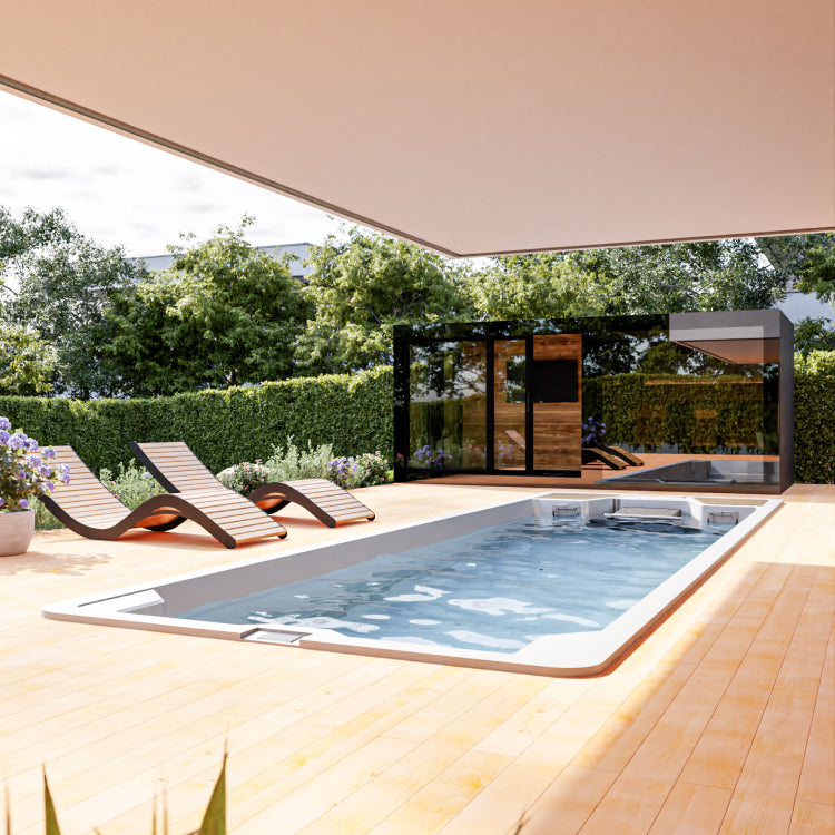 Backyard swim spa with lounge chairs and a sauna
