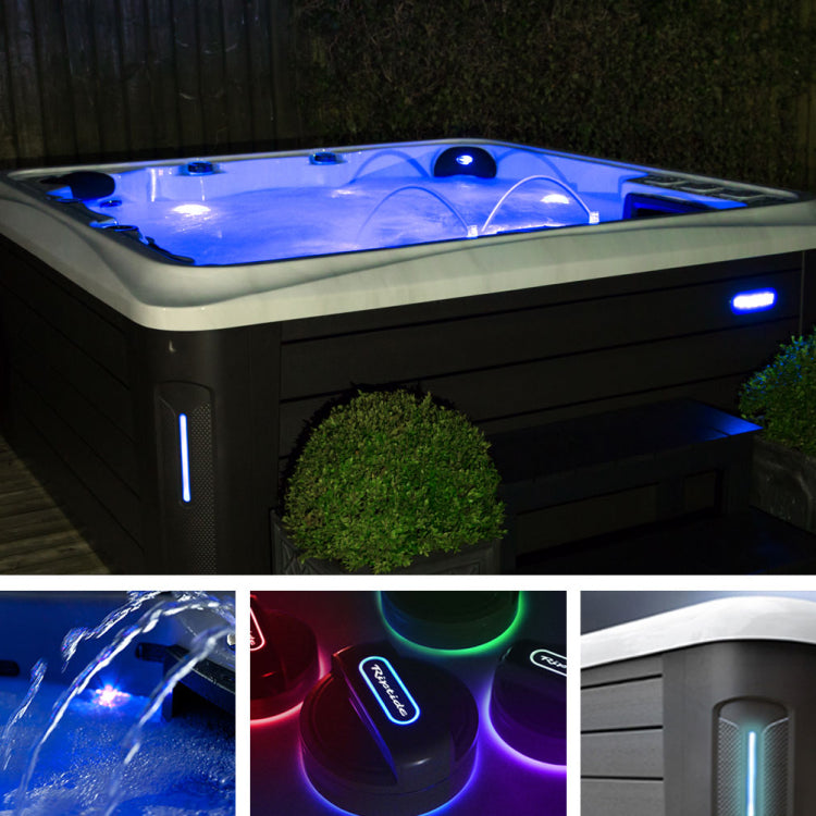Infinity Hot Tub with blue lighting
