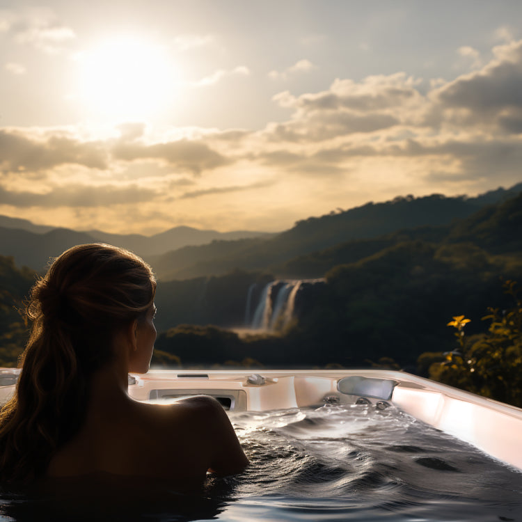 Woman relaxing in a hot tub enjoying a beautiful nature view.