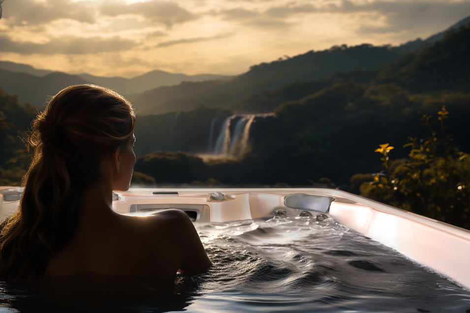 Woman relaxing in a hot tub enjoying a beautiful nature view.