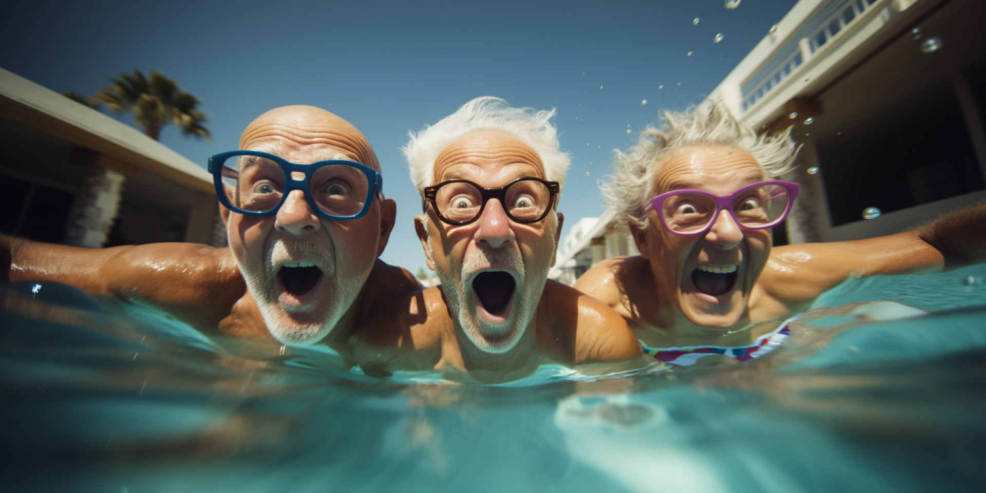 3 grandparents goofying around inside the pool