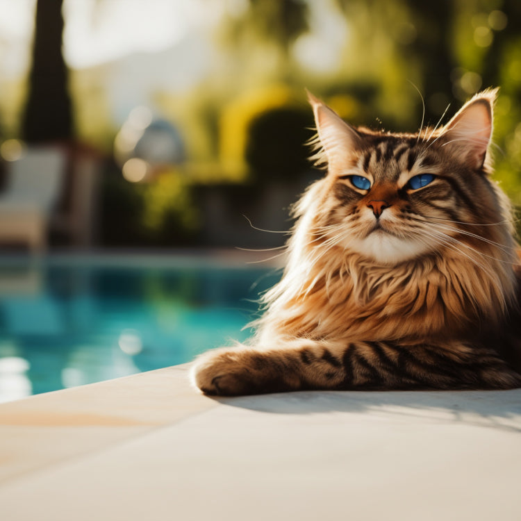 Proud maine coon cat sitting by the pool.