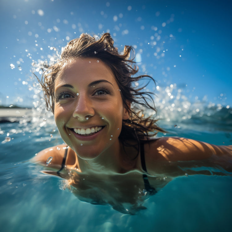 woman swimming happy in swim spa