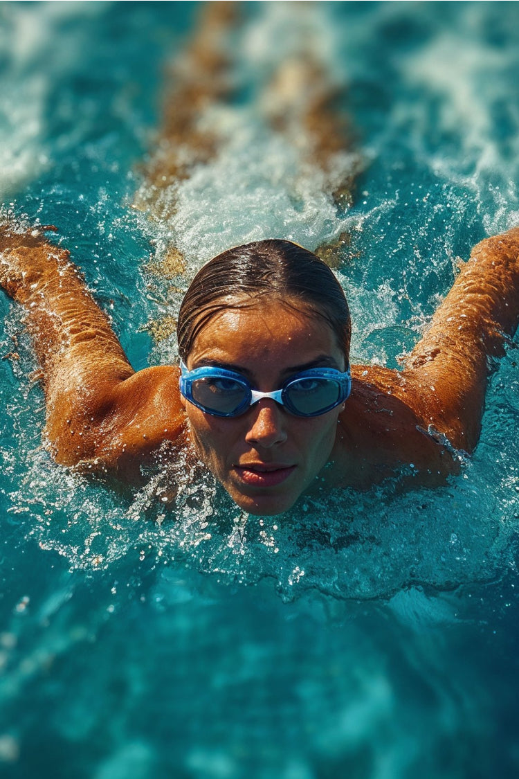 Woman swimming against the counter jets