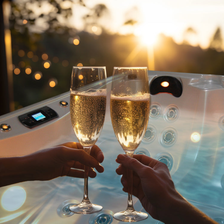 Couple toasting champagne glasses next to their hot tub, sunlight shining in the sky.