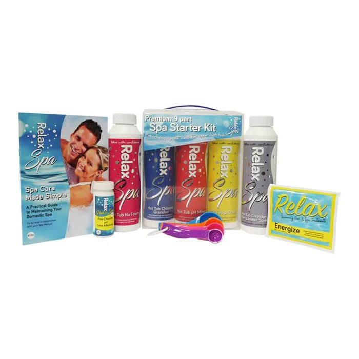 Spa Starter kit containing: Spa care guide Spa Test Strips 500g Stabilised Chlorine granules 30g Energize sachet 500g pH Minus 750g pH Minus 500ml No Foam 500ml Filter Cleaner Measuring spoons